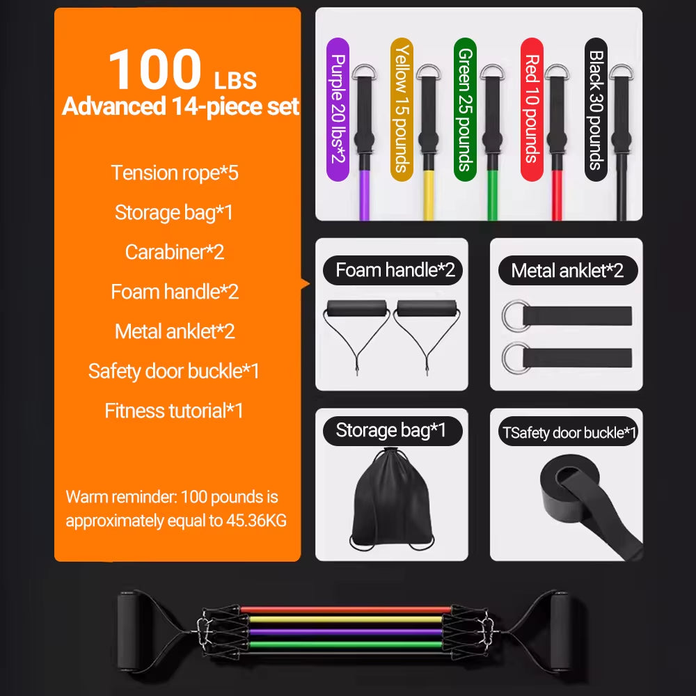 10-14Pcs/Set Pull Rope Bodybuilding Resistance Bands Set Multi-Function Tensioner Suit Muscle Training Belt Elastic Bands