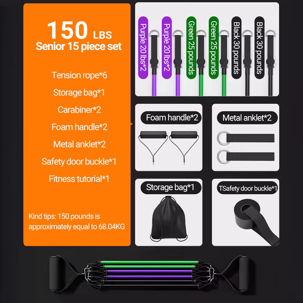 10-14Pcs/Set Pull Rope Bodybuilding Resistance Bands Set Multi-Function Tensioner Suit Muscle Training Belt Elastic Bands